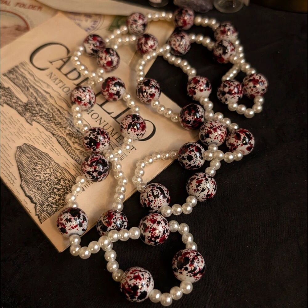 Gothic Bloody Pearl Beaded Extra Long Maxi Necklace